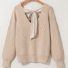 Women's Apricot Lantern Sleeve V Neck Knot Back Sweater - Image 7