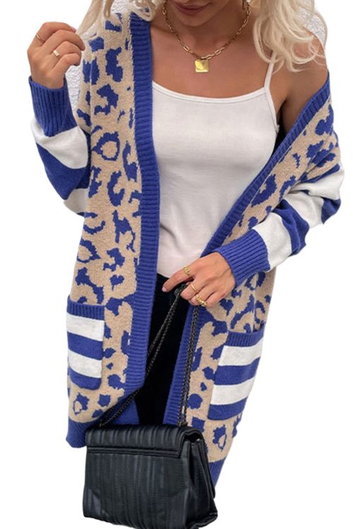 Women's Dark Blue Stripe Sleeve Leopard Print Open Front Cardigan with Pockets