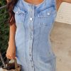 Women's Beau Blue Light Wash Denim Mini Dress with Buttoned Front and Chest Pockets - Image 3