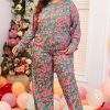 Plus Size Green Printed Long Sleeve and Pants Lounge Set - Image 7