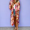 Women's Pink Floral Allover Print Open Front Belted Duster Kimono - Image 6