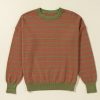 Women's Brown Stripe Trimmed Round Neck Drop Shoulder Loose Sweater - Image 6