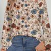 Women's Khaki Floral Print Loose Crew Neck Long Sleeve T-Shirt for Daily Wear - Image 3