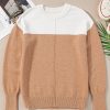 Women's Straw Yellow Colorblock Ribbed Trim Round Neck Sweater - Image 6