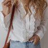 Women's White Lace Crochet Trim Long Sleeve Shirt with Turn-Down Collar - Image 6