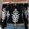 Women's Black Tribal Printed Off Shoulder Blouse with Loose Sleeves - Image 7