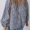 Women's Elegant Blue Floral Print Notched V Neck Puff Sleeve Blouse - Image 7