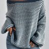 Women's Striped Lantern Sleeve Drop Shoulder Cozy Sweater - Sail Blue - Image 3