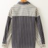 Women's Black Stripe 2-Tone Patchwork Blouse with Half Buttons and Chest Pockets - Image 5