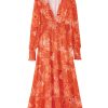 Women's Orange Boho Floral Bishop Sleeve V Neck Tiered Maxi Dress - Image 13