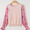 Women's Oatmeal Floral Printed Patchwork Smocked Lantern Sleeve Knit Sweater - Image 6
