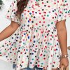 Plus Size Beige Colorful Polka Dot Print Short Sleeve Ruffled Babydoll Blouse - Image 6