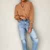 Women's Elegant Straw Yellow Solid Color Shirred Cuff Notch V Neck Blouse - Image 5