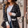 Women's Black Plaid Colorblock Edge Open Cardigan with Pockets - Image 3