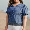 Women's Plus Size Sail Blue Drawstring V Neck Puff Sleeve Denim Blouse - Image 5