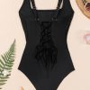 Elegant Women's Black Solid Criss Cross Backless Square Neck One Piece Swimsuit - Image 19