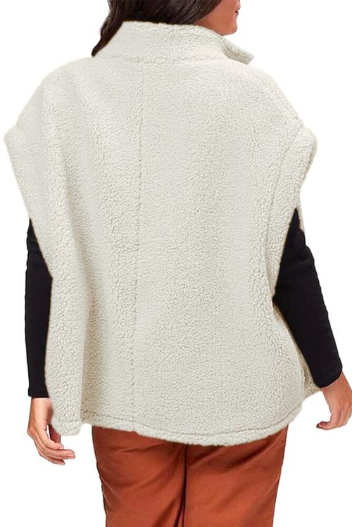 Women's Beige Sherpa Cap Sleeve Stand Collar Jacket Vest