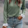 Women's Grass Green Seam Detail Long Sleeve Top with Lace Contrast Cuffs - Image 6