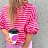 Women's Sachet Pink Striped Print Crew Neck Drop Shoulder Sweatshirt - Image 3