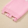 Women's Pink Pearl Beaded Bowknot Pattern Distressed Split Hem Sweater - Image 11