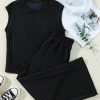 Women's Black Textured Knit Cap Sleeve T-Shirt and Wide Leg Pants Set - Image 3