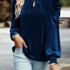 Women's Elegant Sky Blue Mock Neck Puff Sleeve Velvet Blouse - Image 5