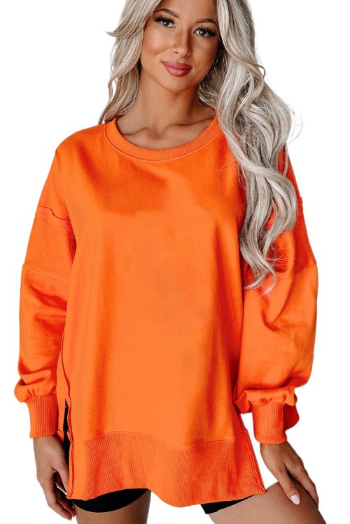 Women's Carrot Orange Exposed Seam Drop Shoulder Sweatshirt with Slits