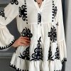 Women's White Abstract Printed Bell Sleeve Buttoned Babydoll Blouse - Image 2