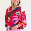 Women's Elegant Rose Blooming Flower Print Ruffled Puff Sleeve Blouse - Image 9