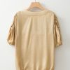 Chic Women's Gold Metallic Ruched Sleeve Blouse with Back Knot Detail - Image 7