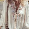 Women's Beige Floral Embroidered Textured Puff Sleeve Loose Shirt - Image 8