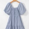 Women's Sky Blue Stripe Bubble Sleeve Square Neck Ruched Pocketed Babydoll Dress - Image 16