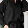 Women's 2-Piece Set: Black Solid Textured Collared V Neck Top and Wide Leg Pants - Image 5