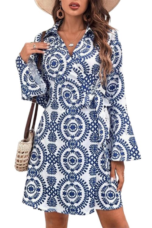 Women's Blue Floral Print V Neck Wrapped Knot Long Sleeve Shift Dress