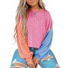 Women's Corded Texture Rose Red Colorblock Patchwork Long Sleeve Top - Image 2