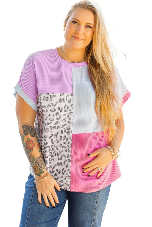 Women's Plus Size Rose Red Leopard Colorblock Patchwork Corded Knit T-Shirt