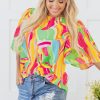 Women's Multicolour Abstract Print Pleated Half Sleeve Blouse with Keyhole Back - Image 8