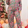 Plus Size Green Printed Long Sleeve and Pants Lounge Set - Image 8