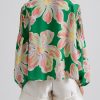 Women's Green Floral Print Button Up Pleated Puff Sleeve Loose Shirt - Image 3