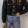 Chic Women's Black Shimmer Button-Up Cardigan with Flap Pockets - Image 2