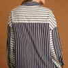 Women's Black Stripe 2-Tone Patchwork Blouse with Half Buttons and Chest Pockets - Image 2