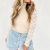 Women's Beige Floral Lace Patchwork Long Sleeve High Neck Slim Top - Image 6