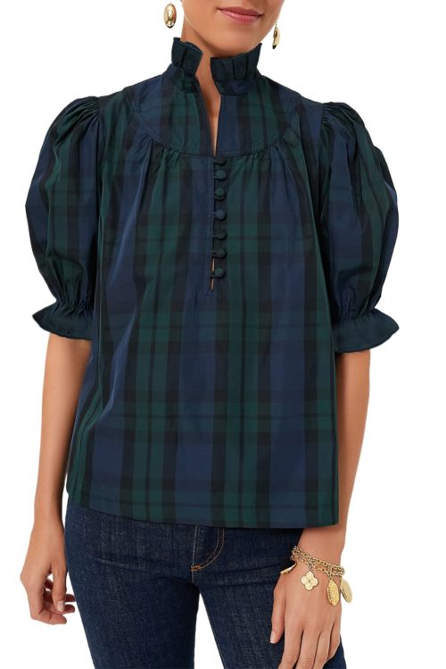 Elegant Green Stripe Plaid Puff Sleeve Blouse with Frilled Trim