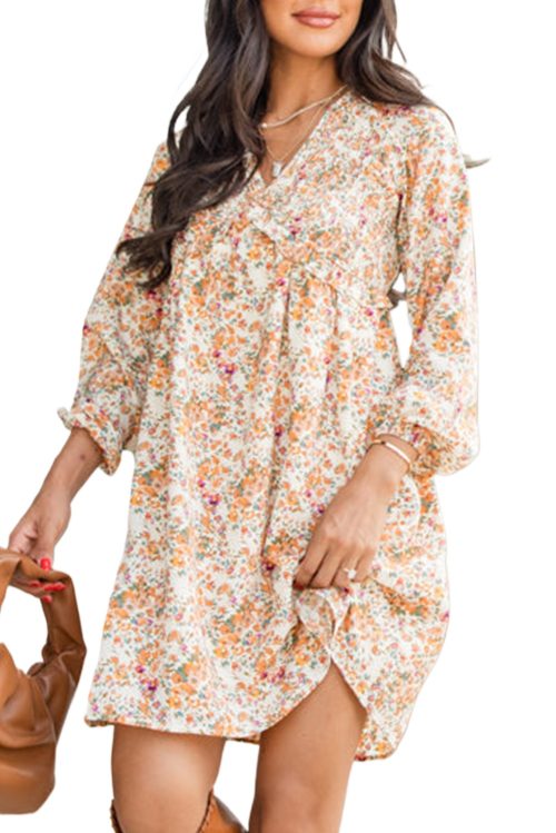 Women's Yellow Boho Floral V Neck Ruffled Empire Waist Long Sleeve Mini Dress