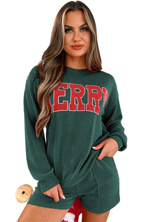 Women's Evergreen Corded MERRY Long Sleeve Graphic Top and Shorts Set