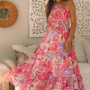 Women's Pink Abstract Floral Print Shirred One Shoulder Maxi Dress for Summer - Image 5