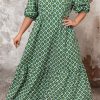 Plus Size Green Geometric Floral Print Maxi Dress with Half Sleeves - Image 12