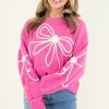 Women's Bright Pink Corded Flower Bow Casual Sweater with Puffed Sleeves - Image 2