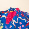 Women's Blue Abstract Print Frilled Collar Ruffled Puff Short Sleeve Top - Image 10