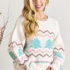 Women's White Striped Christmas Tree Drop Shoulder Sweater with Ribbed Trim - Image 7